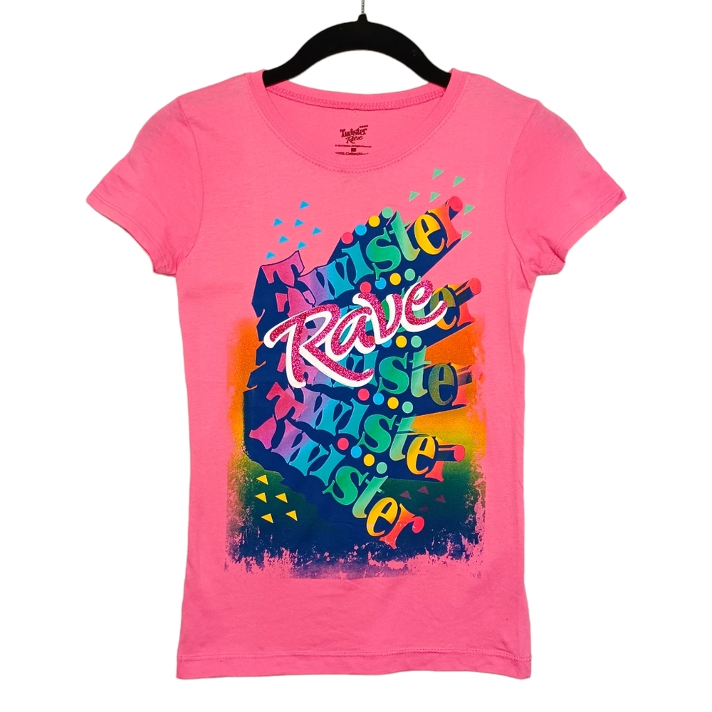 NEW TWISTER RAVE Colorful Graphic Print Short Sleeve Pink Top Medium